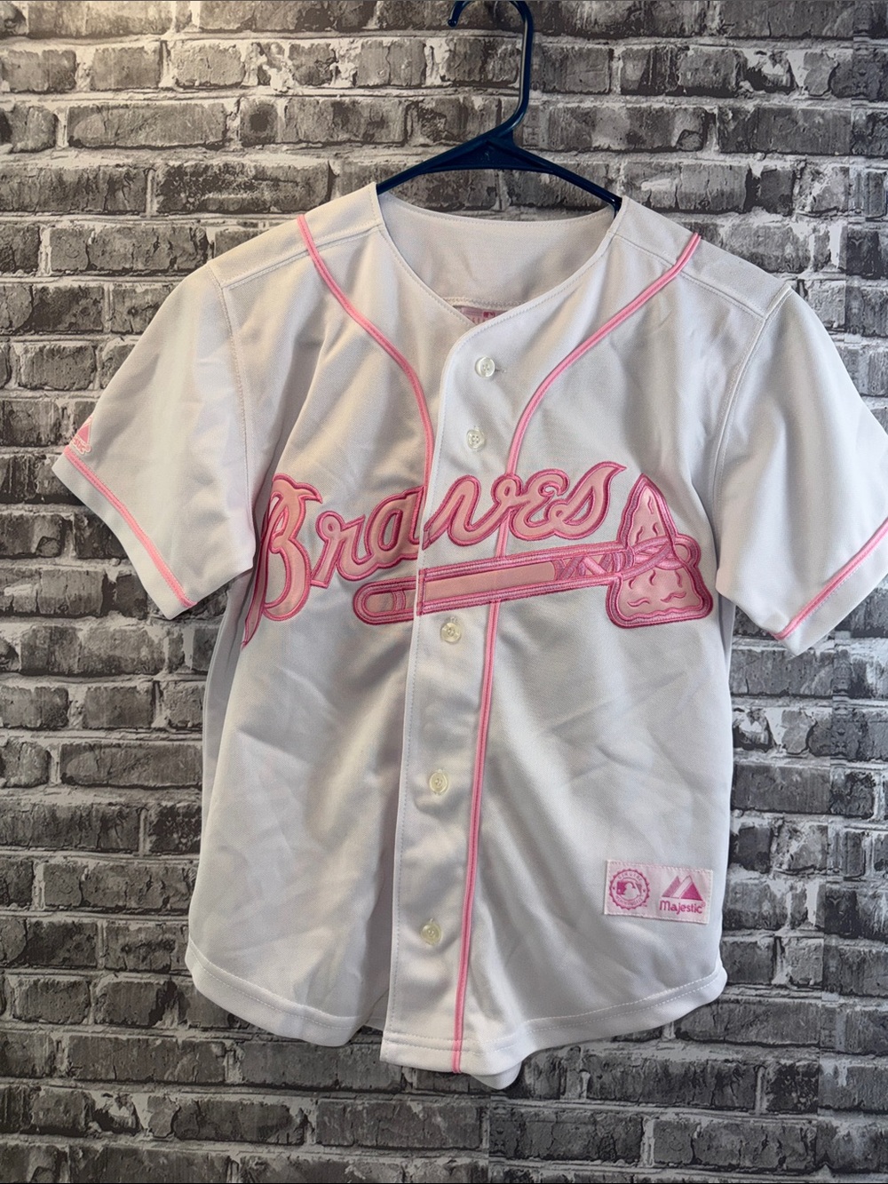 NWT Majestic White & Pink Braves Youth Baseball Jersey
